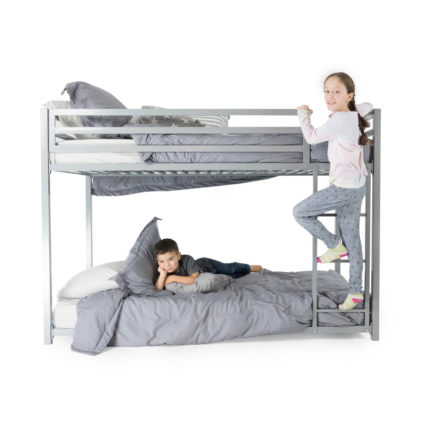 DHP Miles Silver Low Metal Bunk Bed Frame for Kids - Twin Over Twin with Built-in Ladder and High Guardrails - WoodArtSupply