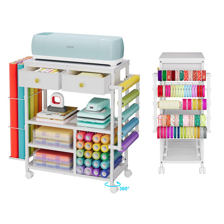 Large Craft Wrapping Paper Organizers Cart, Rolling DIY Storage for Birthday & Holiday with 2 Fabric Drawers, Lockable Wheels Cart for Vinyl Roll, Paints, Craft Supplies, Multi-Tier Craft Tape Holder Lyuwanxian