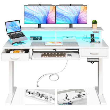 AODK White Standing Desk with 2 Drawers & Keyboard Tray and USB & LED Lights, Height Adjustable Desk 47 Inch with Power Outlets & LED Lights, Stand Up Desk with Monitor Shelf - WoodArtSupply