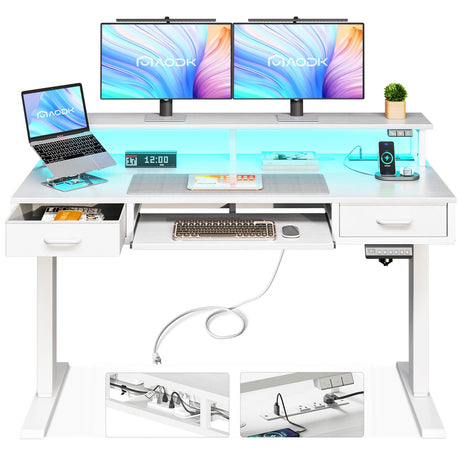 AODK White Standing Desk with 2 Drawers & Keyboard Tray and USB & LED Lights, Height Adjustable Desk 47 Inch with Power Outlets & LED Lights, Stand Up Desk with Monitor Shelf AODK