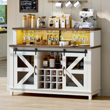 55" Coffee Bar Cabinet with LED Lights, Farmhouse Wine Bar Cabinet for home with wine glass rack, Kitchen Buffet Cabinet with Sliding Door & 4 Tier Storage for Dining Living Room (Antique White) PRETZI