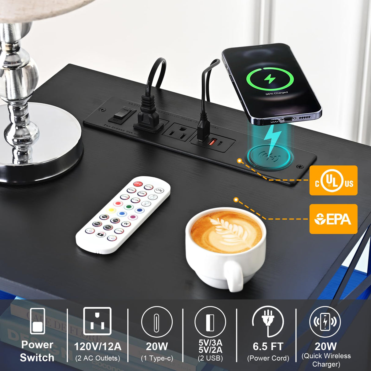 Livofloral End Table Set of 2 with Charging Station, Black Nightstands Set 2 with LED Light and Wireless Charger, Bedside Table with Wooden Drawers, Storage Night Stands for Bedrooms Set of 2 Livofloral