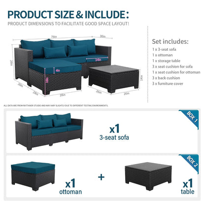 Rattaner Outdoor Furniture Set 3 Pieces Wicker Patio Furniture Outdoor Sectional Patio Couch Outdoor Coffee Table with Storage All-Weather No-slip Cushions Waterproof Covers, Peacock Blue - WoodArtSupply