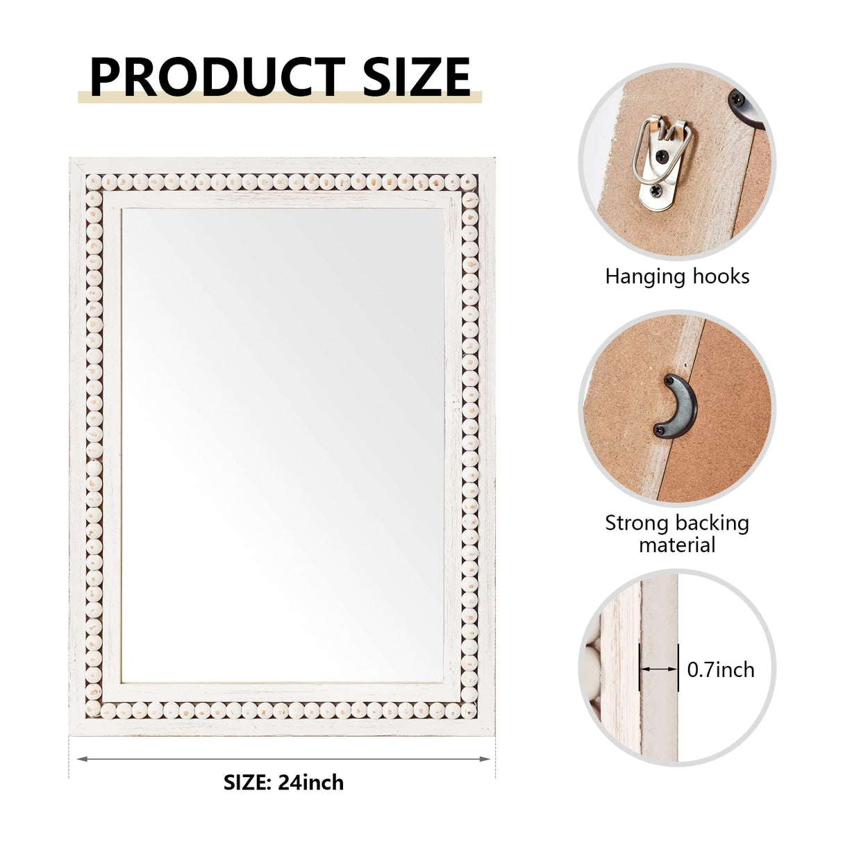 H HOMEWINS Rustic Rectangle Mirror, 22x30 Wooden Square Mirrors,Farmhouse Wall-Mounted White Beads Decor Mirror for Bedroom, Bathroom, Living Room,Vanity H HOMEWINS