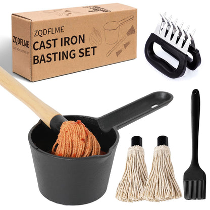 BBQ Mop Brush and Cast Iron Basting Pot - Grilling Tool Set with Basting Brush an Meat Shredder Claws for Meat Smoker, Grill and Stove(8pcs)