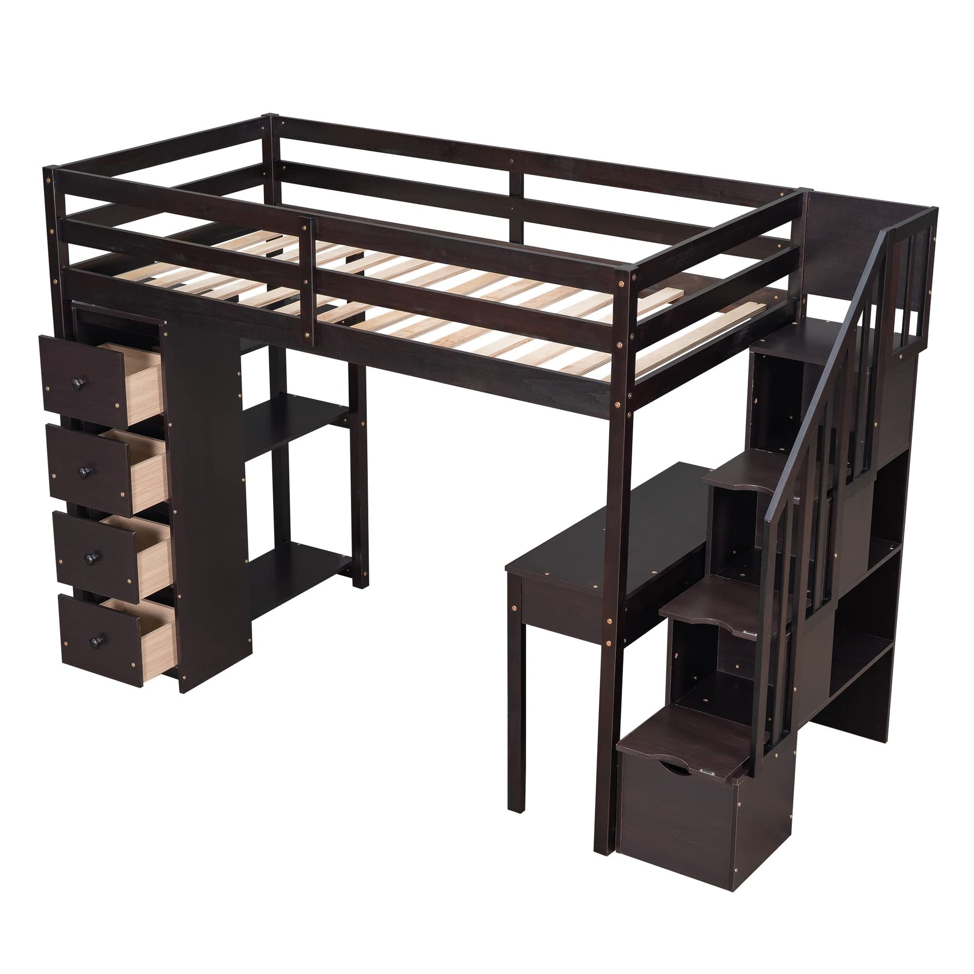 CITYLIGHT Espresso Twin Size Loft Bed with Desk, Storage Staircase, and Drawers - WoodArtSupply