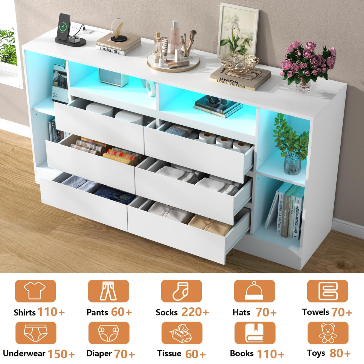 Loomie 6 Drawers Dresser with 6 Open Storage Cubbies, LED Dressers & Chests of Drawers with Power Outlet, 55" Wide Long Dresser for Bedroom, TV Stand with Open Shelf for Living Room (White) Loomie