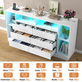 Loomie 6 Drawers Dresser with 6 Open Storage Cubbies, LED Dressers & Chests of Drawers with Power Outlet, 55" Wide Long Dresser for Bedroom, TV Stand with Open Shelf for Living Room (White) Loomie