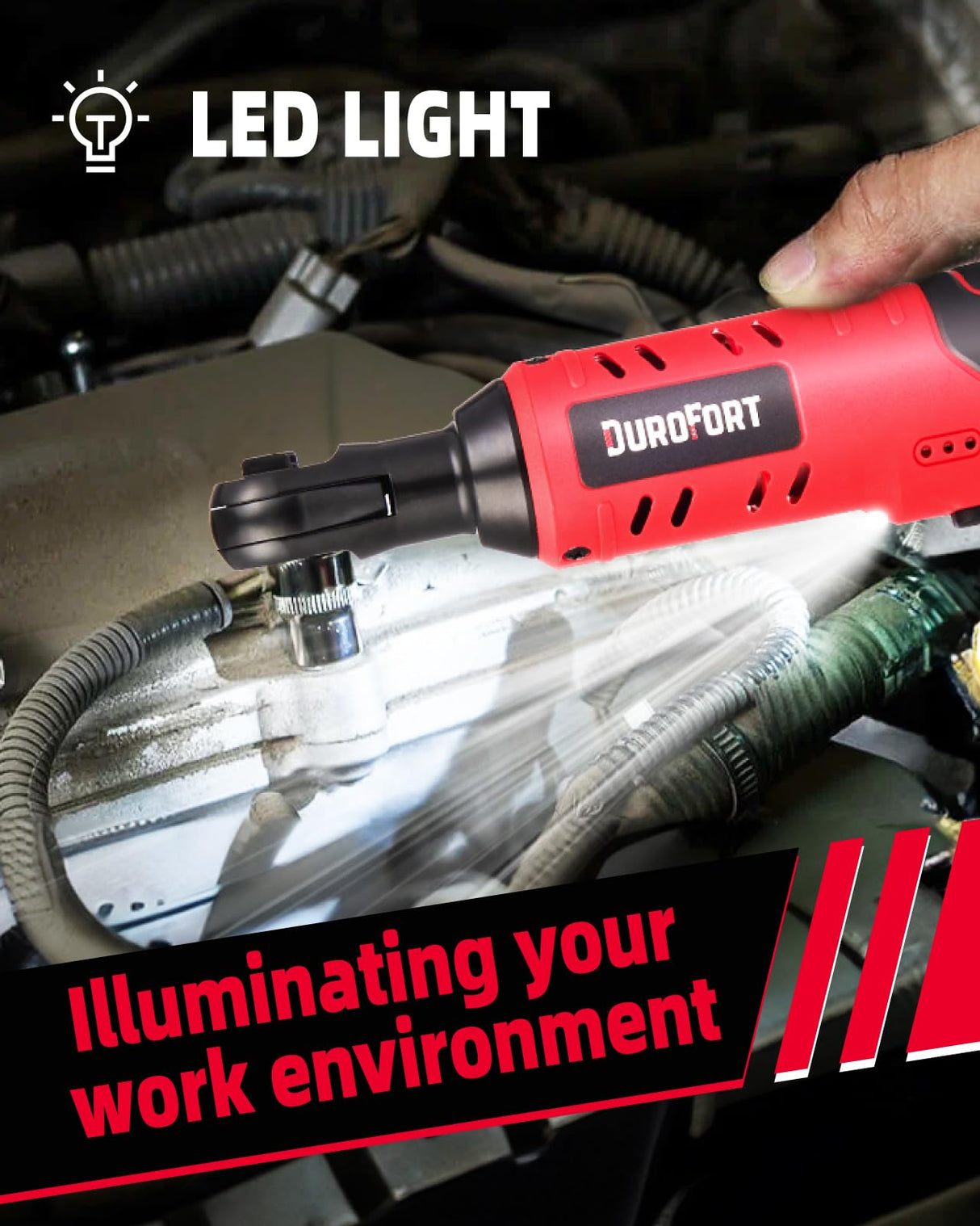 DuroFort Cordless Electric Ratchet, 12V Ratchet Wrench Tool Kit 40 FT.LBS, with LED Light, 500RPM Variable Speed Wrench, 2-Pack 2.0Ah Battery, 7 Sockets, 1/4" Socket Adapter, 3/8" Extension Rod DuroFort