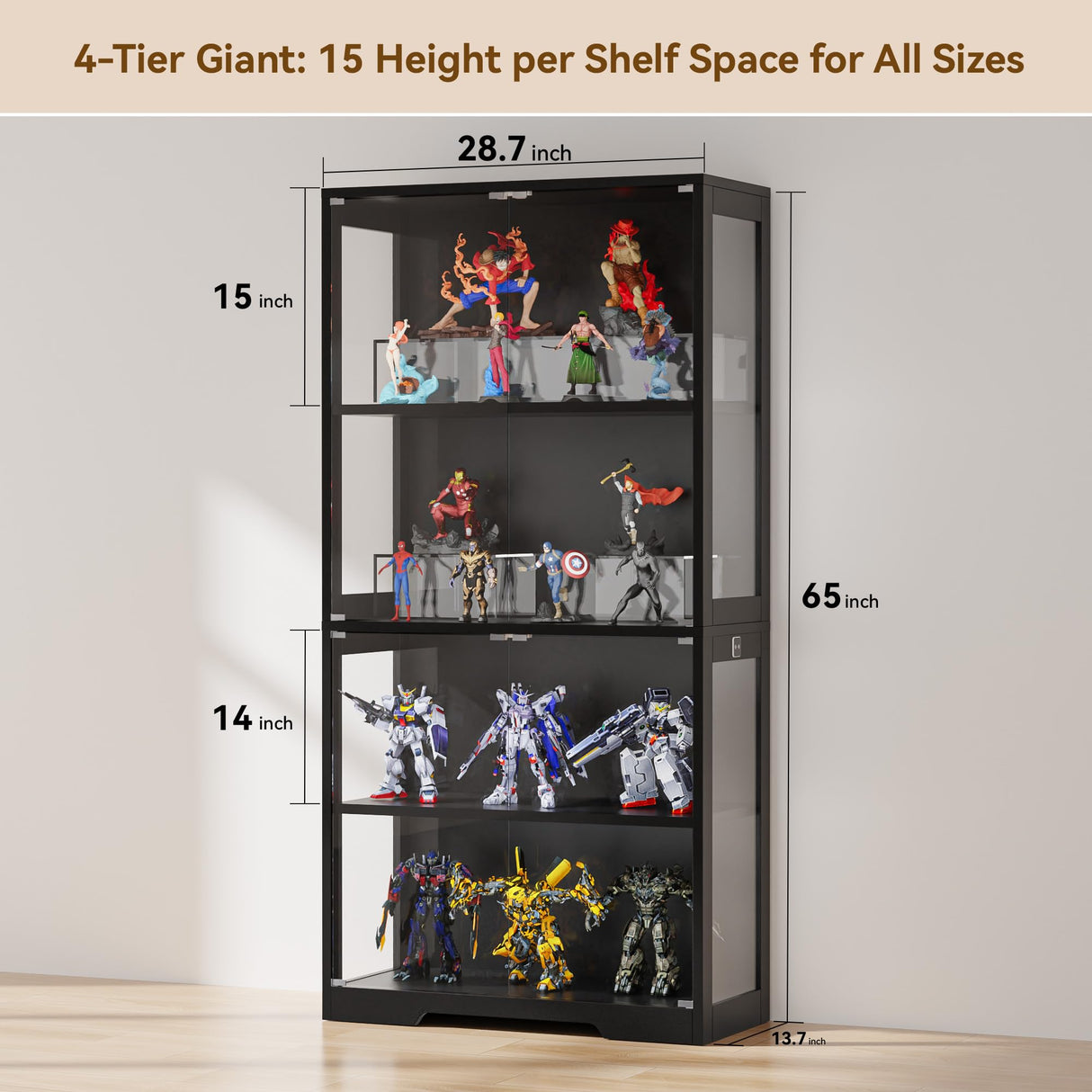 Ceruvia Glass Display Cabinet with 3CCT Motion Sensor Light, 4-Tier Curio Case for Collectibles, Storage Shelf with Glass Doors, Bookcase, Showcase, Black Ceruvia