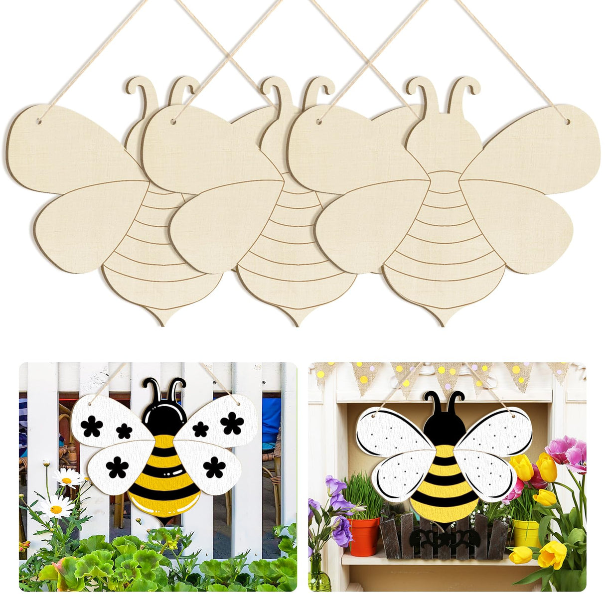 Large Size 12" Wooden Spring Ornaments to Paint, Bee Wooden DIY Blank Unfinished Round Wood Discs Ornament for Crafts Hanging Decorations(3PCS) Sophena