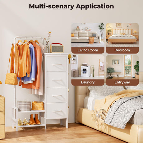 LZNIOZ Dresser with Hanging Rack - 52" Tall Clothes Rack with Drawers, 4 Drawers & 4 Side Bags, Fabric Chest of Drawers with with Bottom Shelves, Kids Dresser for Bedroom, Living Room-White LZNIOZ