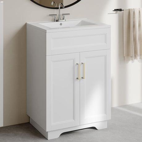 OLD CAPTAIN Bathroom Vanity with Ceramic Sink, Wooden Double Door Bathroom Storage Vanity with 24 Inch, Milky White Finish OLD CAPTAIN