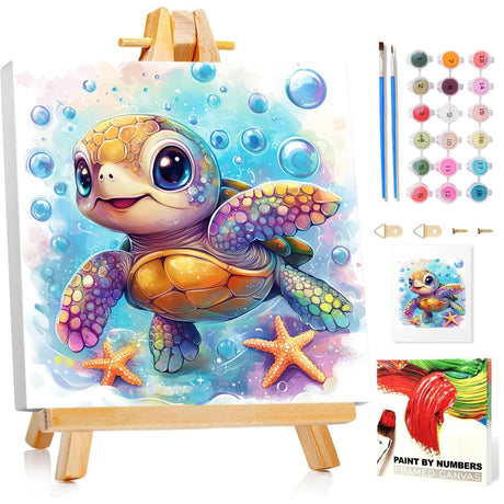 Mandun Paint by Numbers Kit for Kids with Frame, Sea Turtle Paint by Numbers for Kids Ages 4-8-12, DIY Turtle Acrylic Oil Painting for Home Wall Art Decor Gift 7.8x7.8 inch (with Frame Easel) Mandun