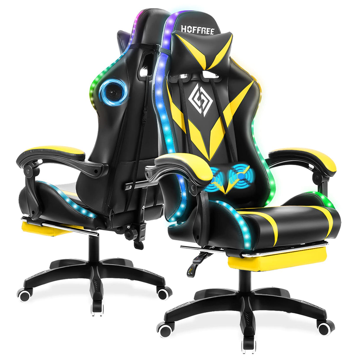 HOFFREE Gaming Chair Massage with Bluetooth Speakers and Led Lights Ergonomic Computer Gaming Chair with Footrest RGB Video Game Chair with High Back Lumbar Support Yellow and Black HOFFREE