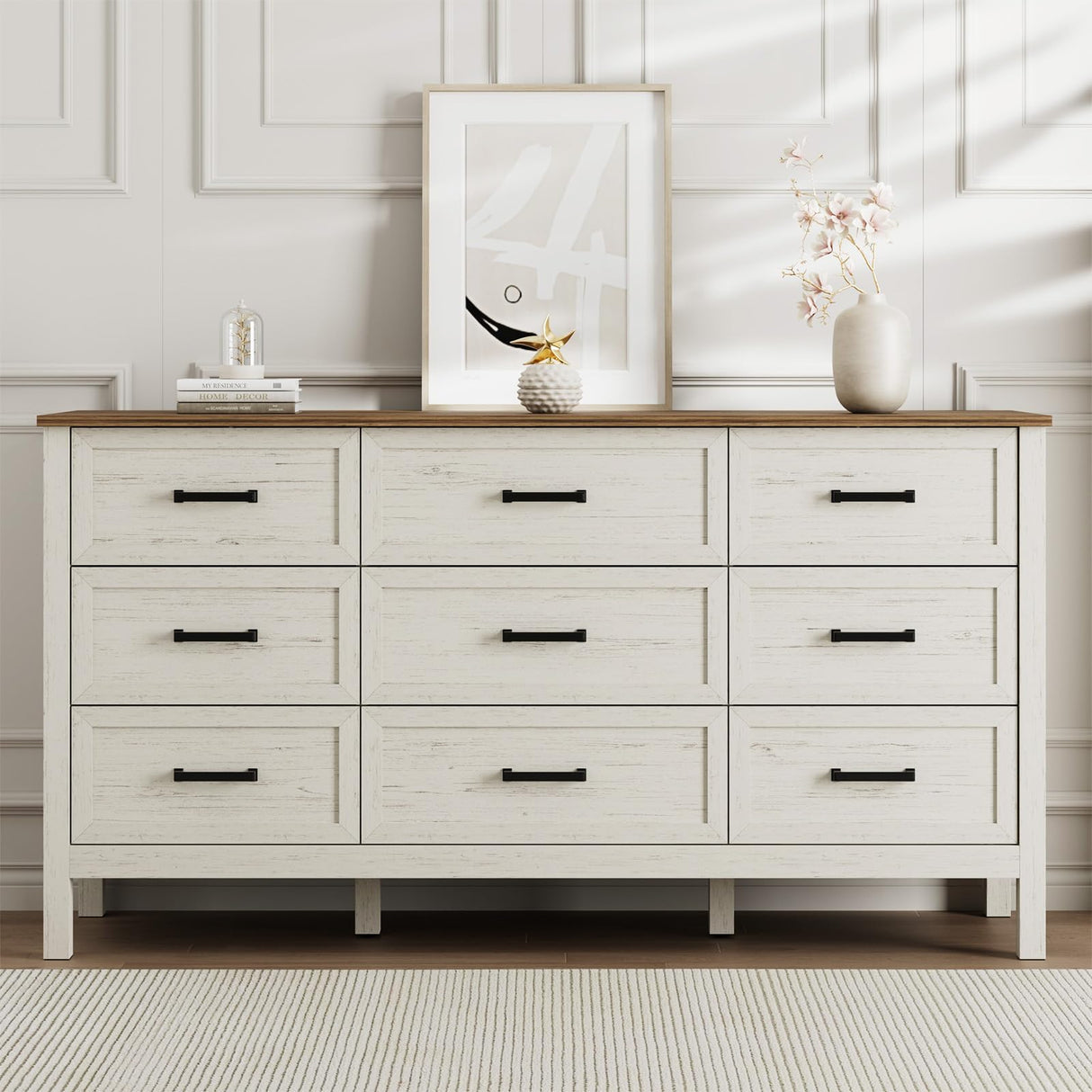 LYNSOM Farmhouse 9 Drawers Dresser for Bedroom, 55" Wide Wood Rustic Chest of Drawers with Natural Texture, Metal Handle, Storage Dressers Organizer for Entryway, Hallway, Antique White