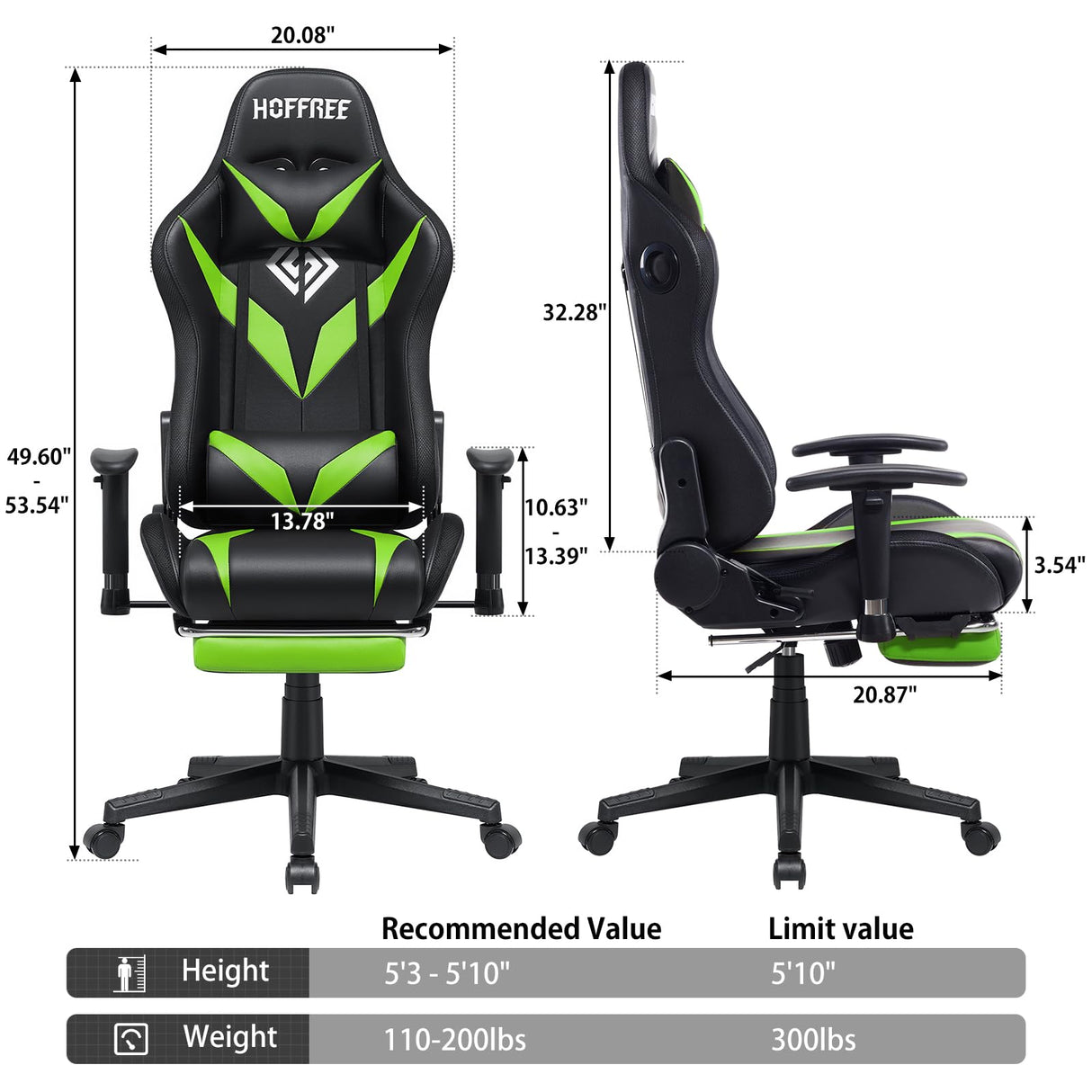 HOFFREE Gaming Chair with Bluetooth Speakers and Led Lights Massage Vide Game Chair with Footrest Reclining High Back Computer Gamer Chair Green and Black HOFFREE