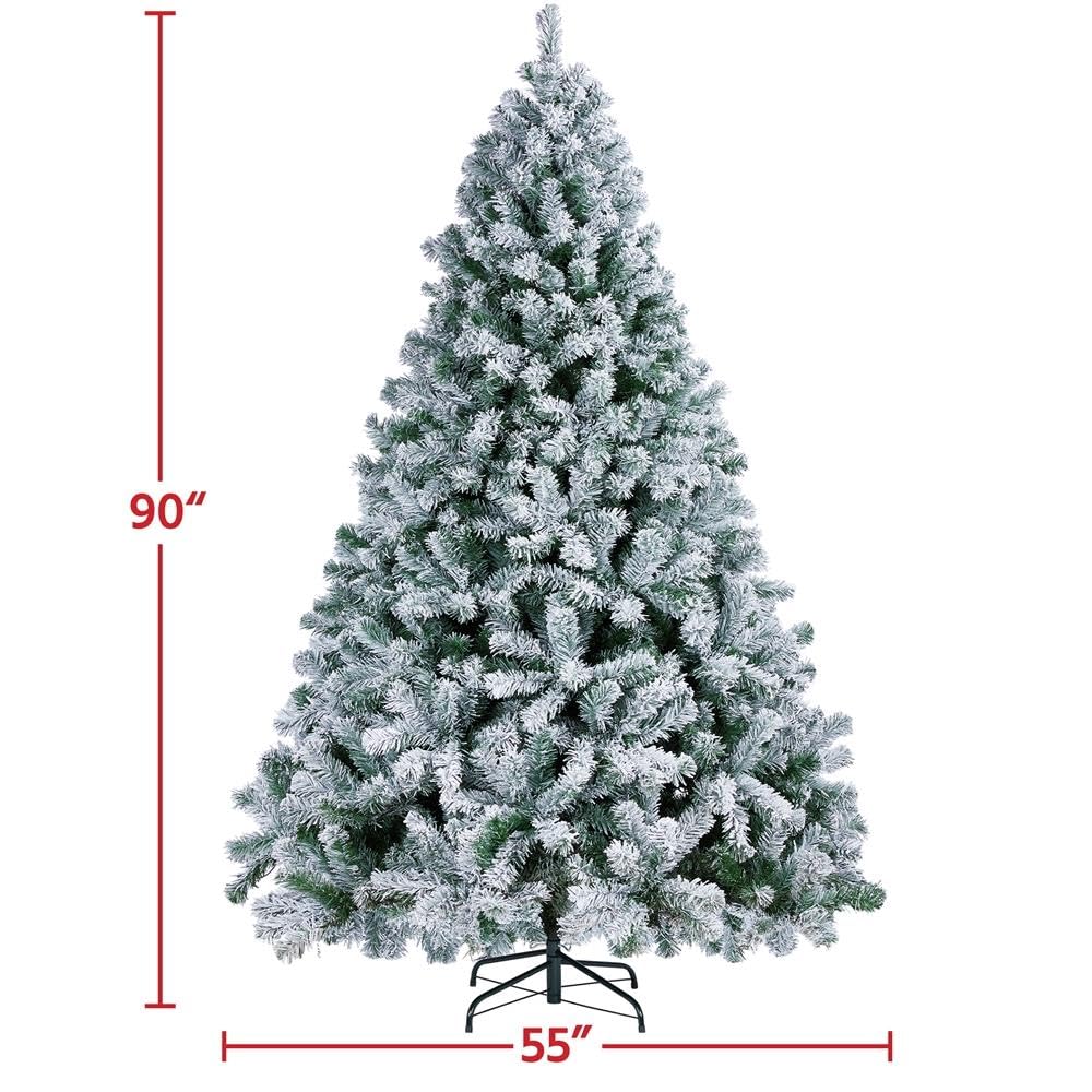 Yaheetech 7.5ft Pre-lit Artificial Christmas Tree W/Incandescent Warm White Lights, Snow Flocked Full Prelighted Xmas Tree W/1284 Branch Tips, 550 Incandescent Lights & Foldable Stand, Green & White