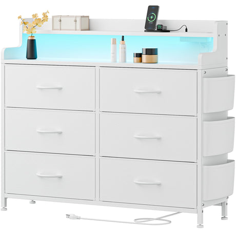 Lulive White Dresser for Bedroom 6 Drawers - Fabric Dressers for Bedroom with LED Light & Charging Station - Adults Chest of Drawers for Living Room Hallway Closet (White) Lulive