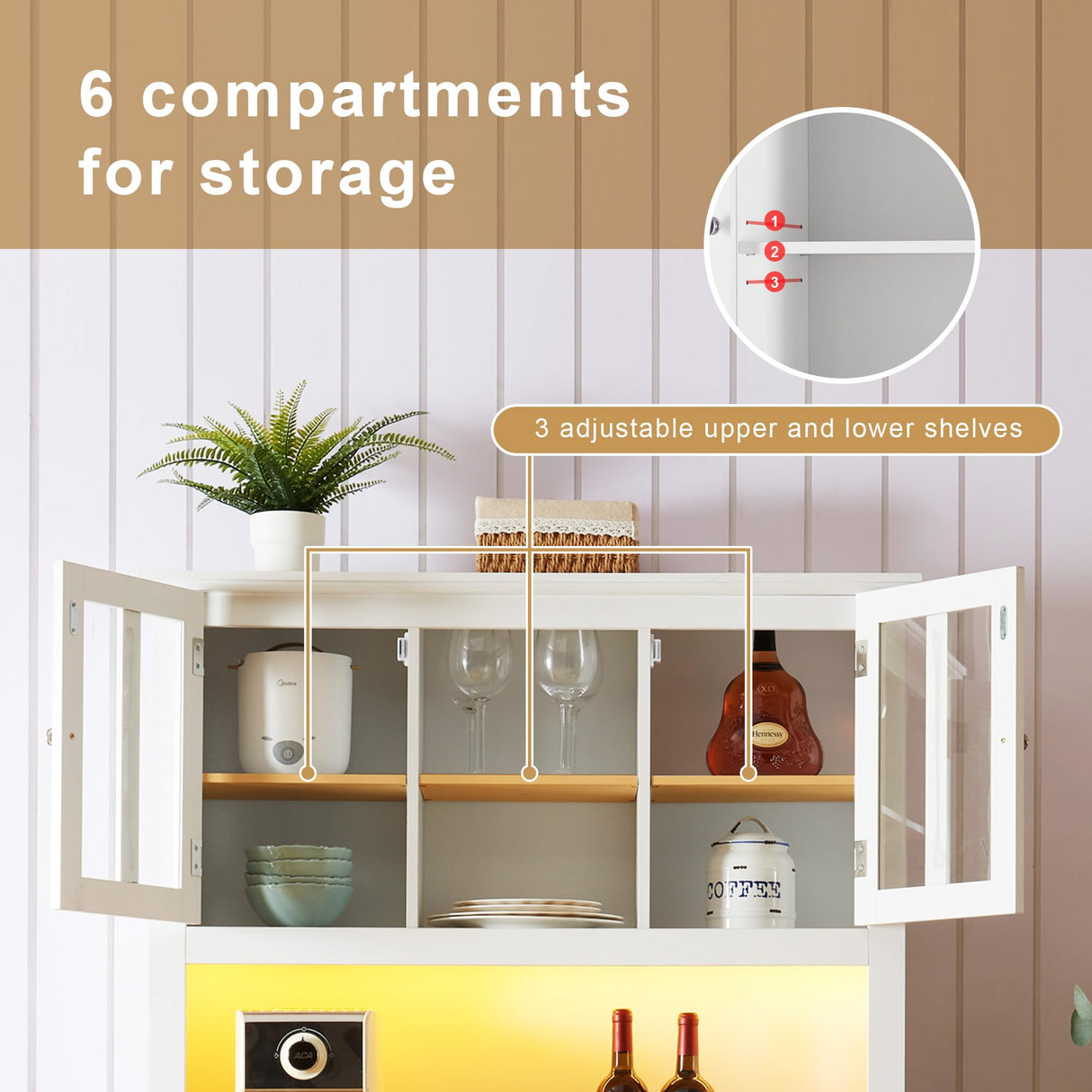 Brabrety Farmhouse 70'' Kitchen Pantry Storage Buffet Cabinet with LED Outlet,Tall Kitchen Hutch Cabinet with Wine Glass Racks and 3 Drawers,for Home Dining Room Living Room (White@Outlet) Brabrety