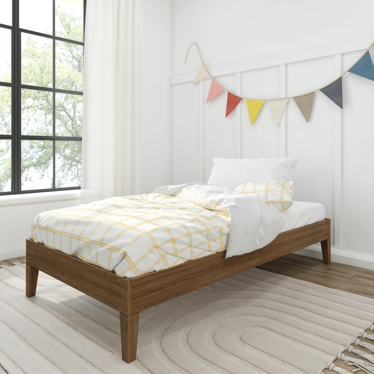 Max & Lily Fundamental Twin Platform Bed Frame, Kids Modern Solid Wood Bed, Strong Wooden Slats, Non-Toxic Finishes, Matte Walnut Max & Lily