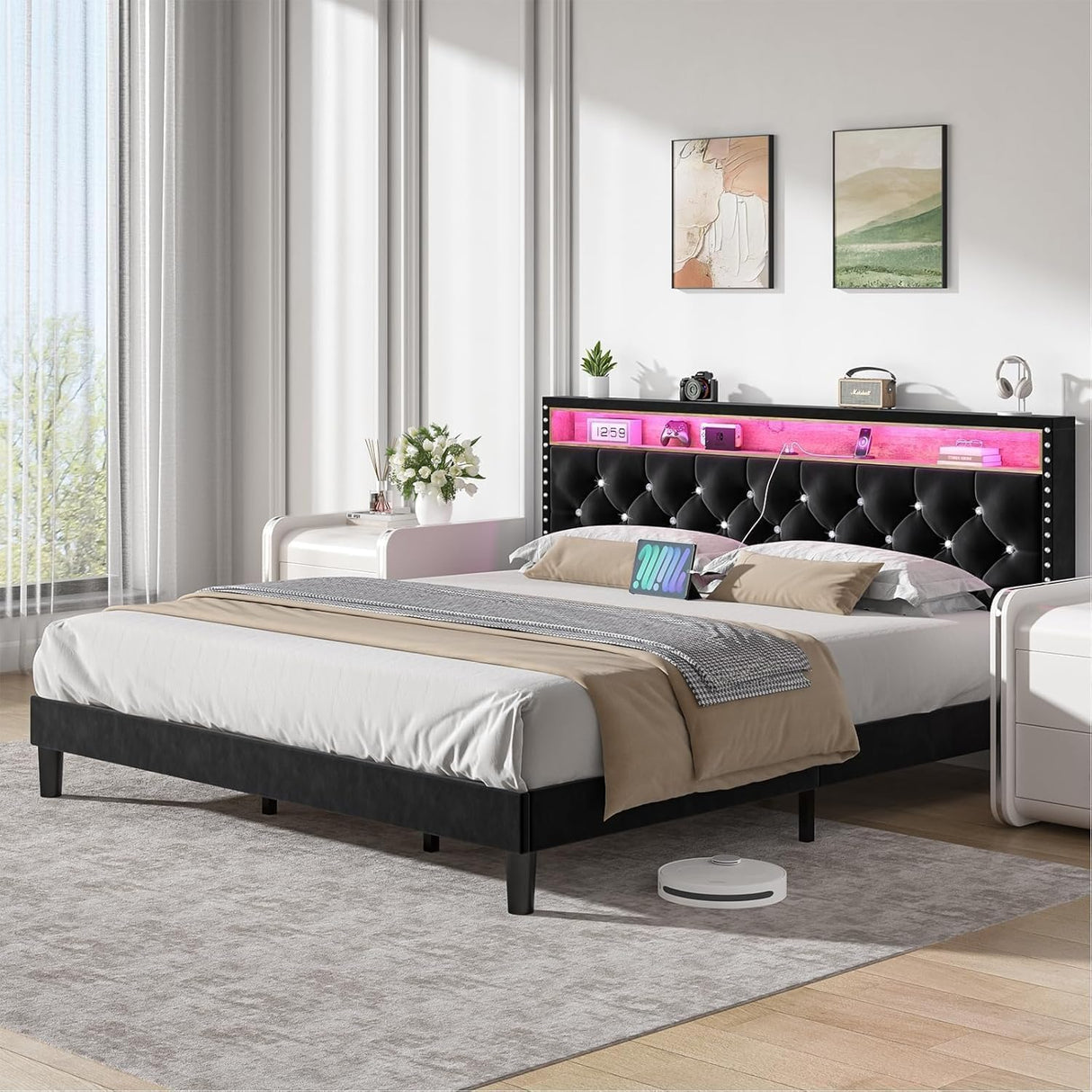 HOMBCK King Size Bed Frame with LED Lights and Storage Headboard, Velvet Upholstered Bed Frame King with Charging Station, Modern Diamond and Rivet Design, No Box Spring Needed, Easy Assembly, Black HOMBCK