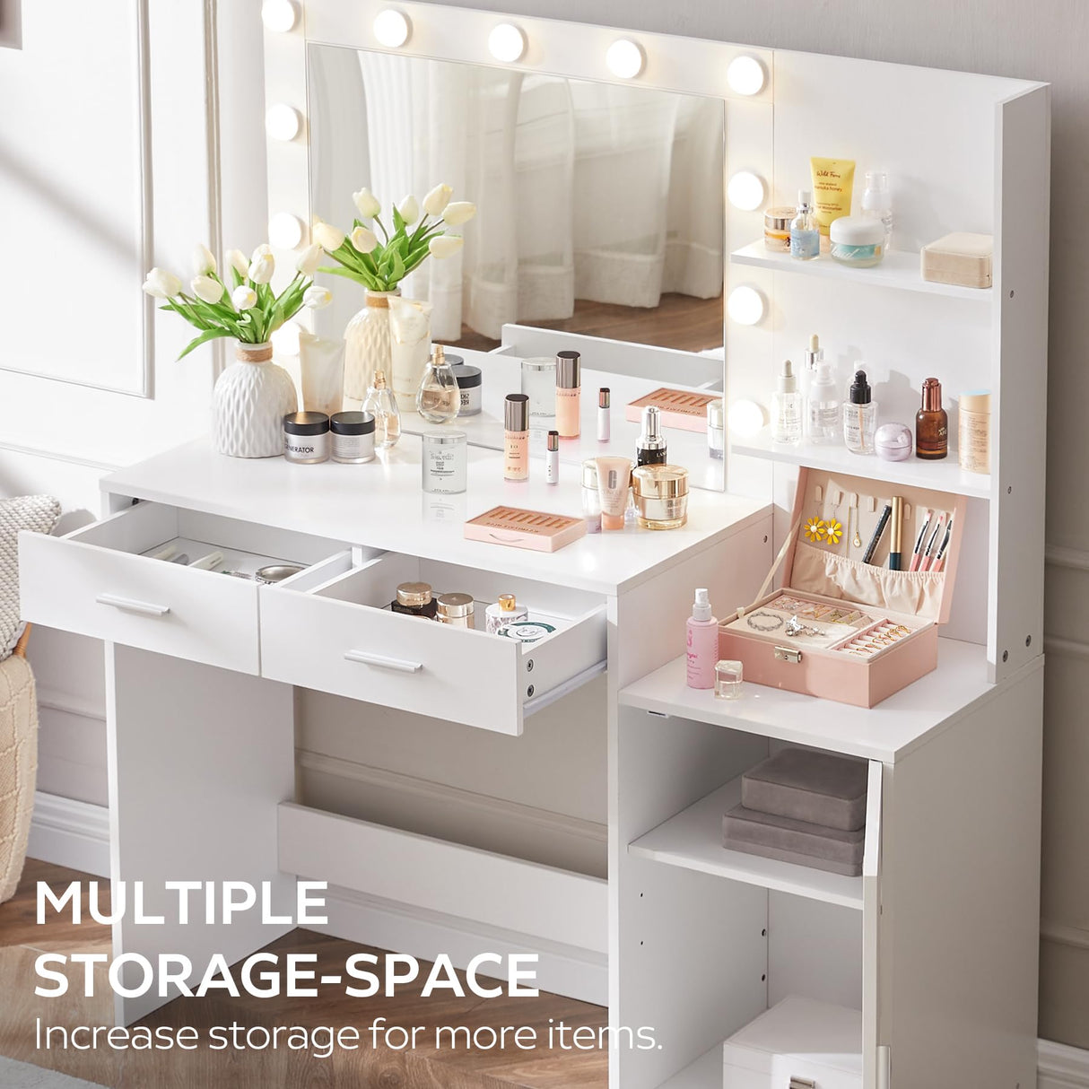 MIRROTOWEL 46.7IN Vanity Desk with Mirror and Lights, Dressing Table with 2 Large Drawer&Large Vertical Organizer, 3 Level Dresser & 3 Lighting Modes Adjustable Brightness, Suitable for Bedroom(white) MIRROTOWEL