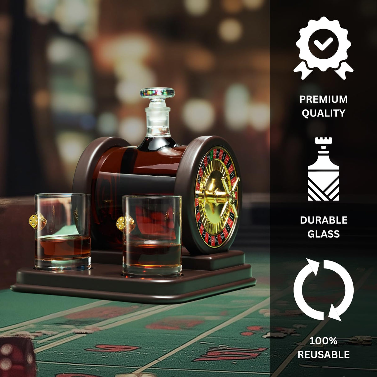 Casino Roulette Whiskey Decanter for Men, Husband, Him | 67.6 OZ Decanter With 2 x 10oz Dice Whiskey Glasses | Gold & Wood Gambling Slot Gift for Bourbon, Scotch, Liquor, Gifts For Dad, Guy, Winter The Wine Savant