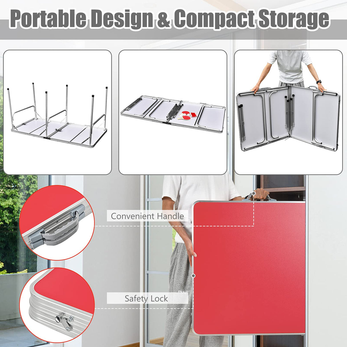 Goplus Foldable Ping Pong Table, 100% Preassembled, Portable Table Tennis Table Game Set with Net, 2 Table Tennis Paddles and Ping Pong Balls for Indoor Outdoor Use (Red-60'') Goplus