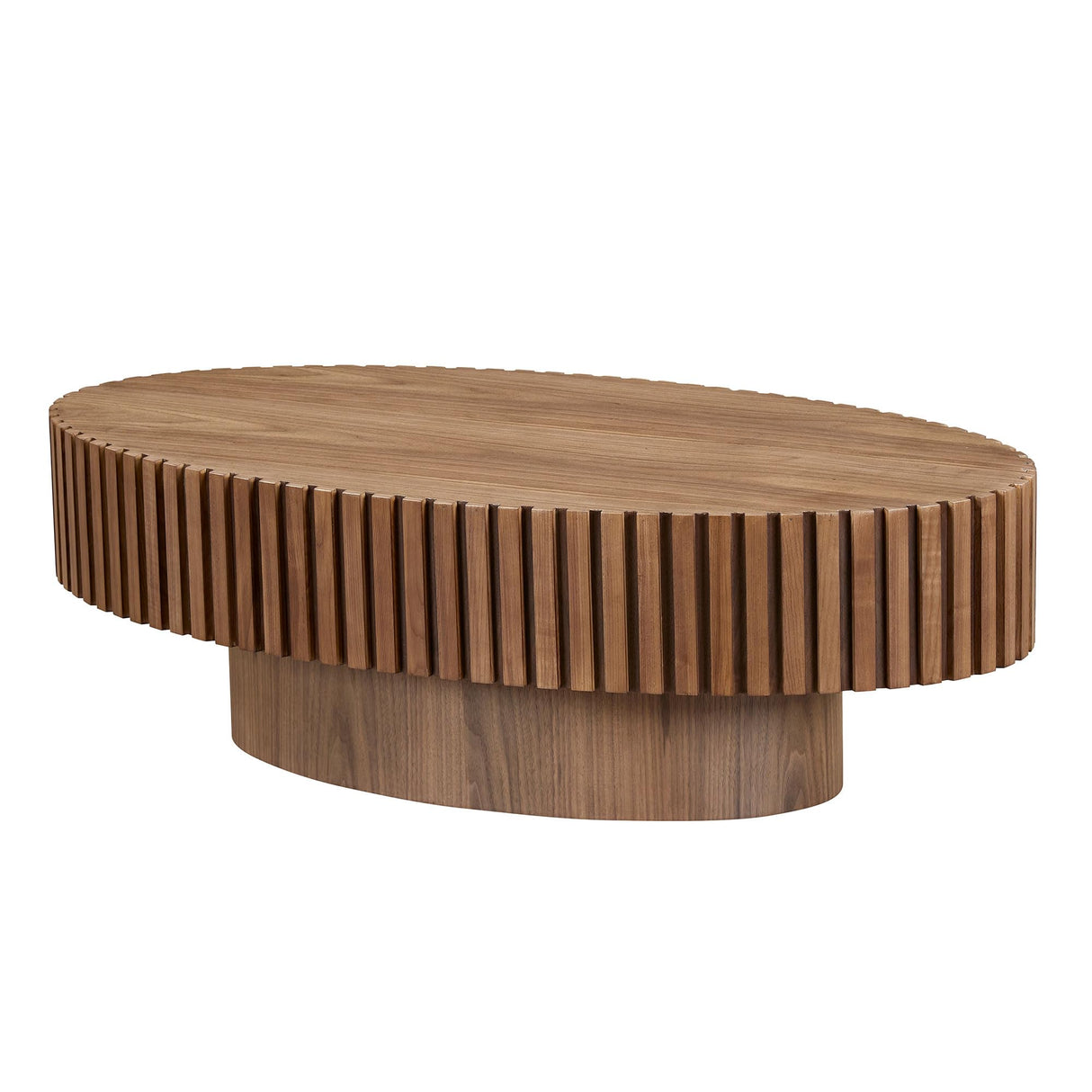 Kevinplus Walnut Oval Coffee Table - Modern Wood Coffee Table for Living Room, Contemporary Circle Fluted Drum Design, Easy Assembly (43.7'' x 24.8'' x 13.38'') kevinplus