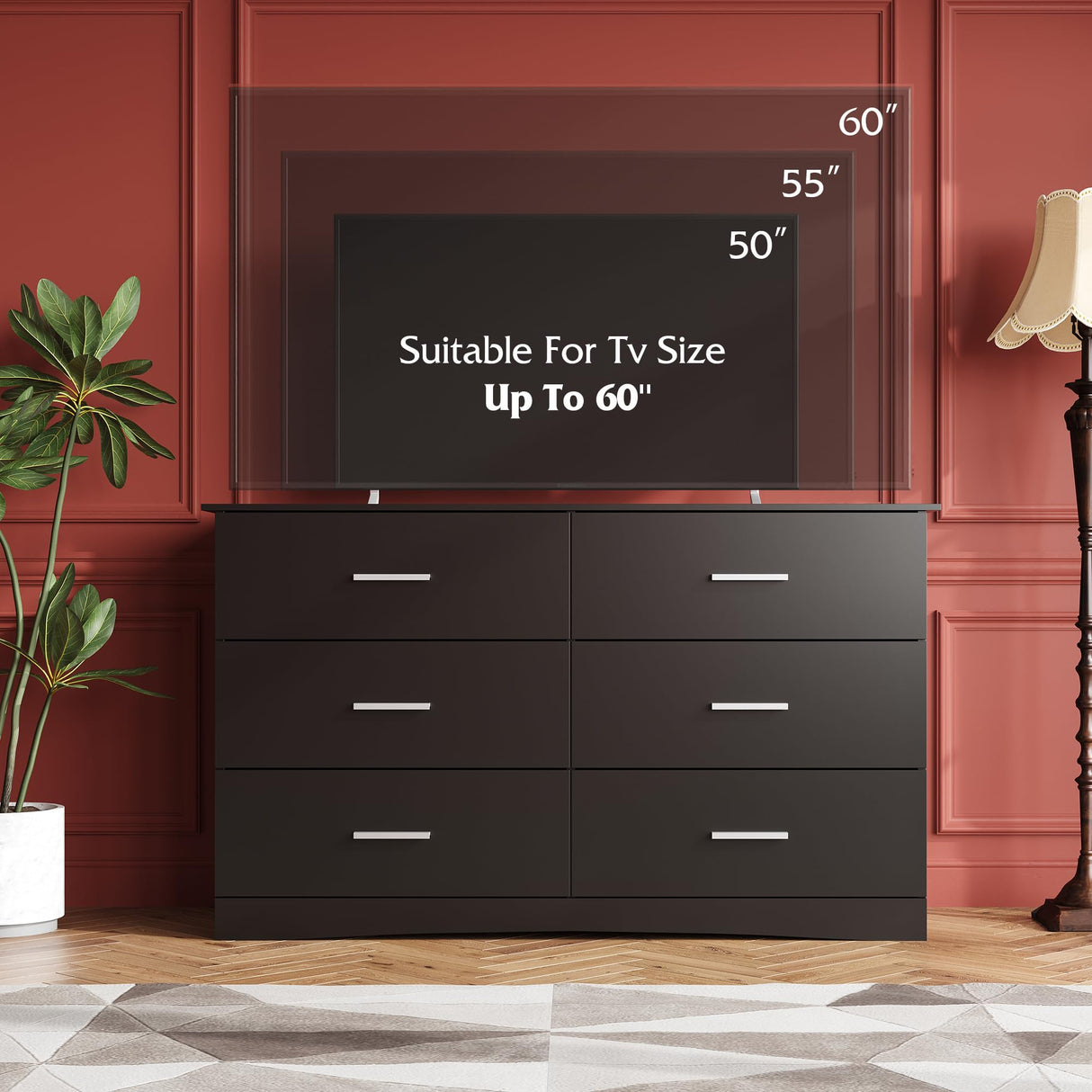 WLIVE Wood Dresser for Bedroom, Wide Chest of Drawers with 6 Drawer, Oak Furniture Large Storage Tower Unit, Closet Store Organizer for Living Room, Hallway, Long Nightstand, Modern Minimalist Black WLIVE