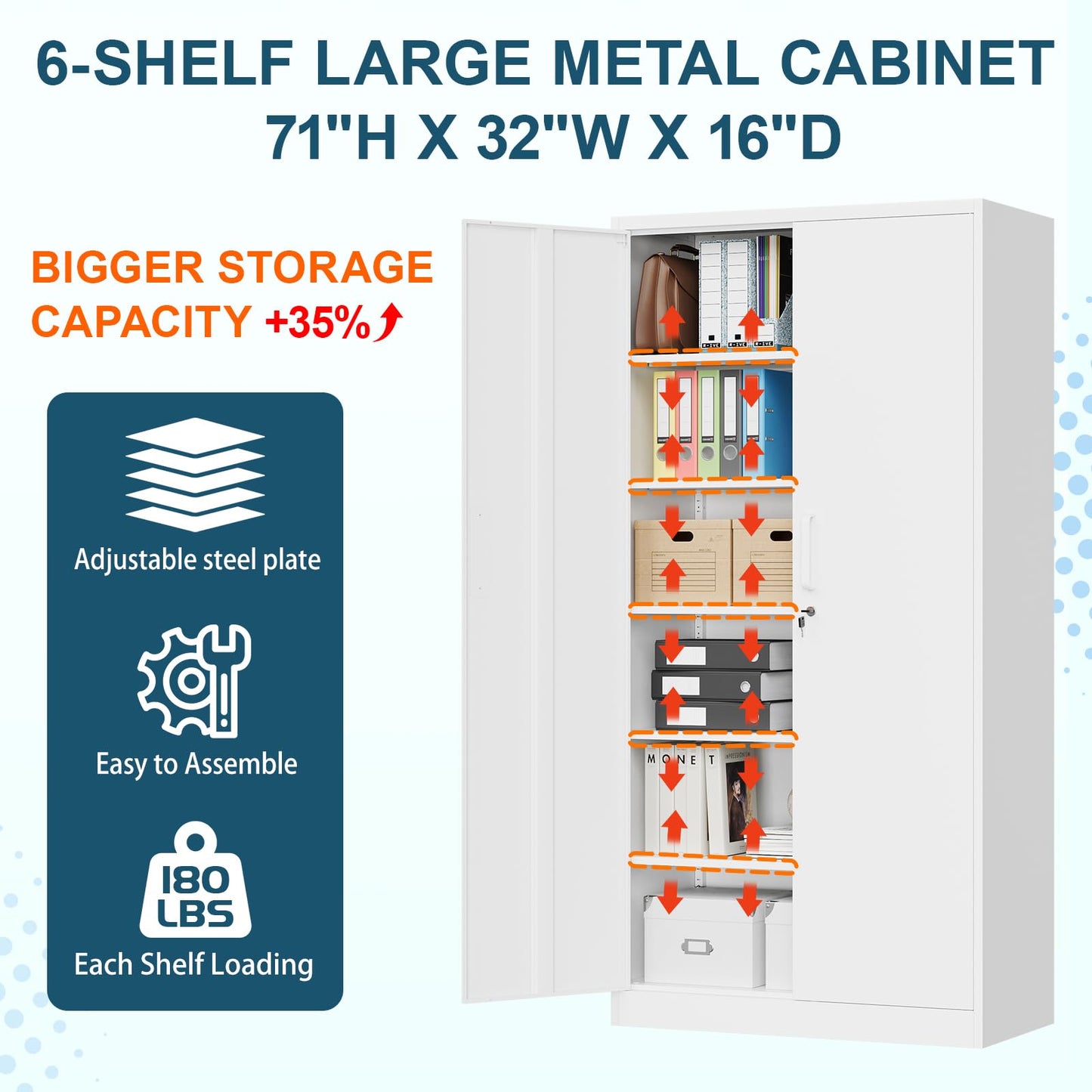 MIIIKO Metal Storage Cabinet with Lock, 72” Steel Storage Cabinet with 2 Doors and 5 Adjustable Shelves, for Office, School, Pantry and Kitchen - WoodArtSupply