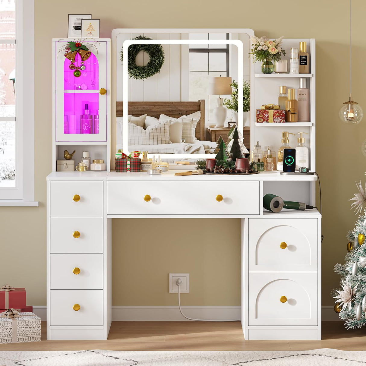 Hasuit White Vanity Desk with Mirror and LED Lights, Large Makeup Vanity Desk with 7 Drawers, Storage Shelves and RGB Glass Cabinet, Dressing Table for Bedroom with Charging Station, Lights Adjustable Hasuit