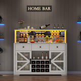 Gyfimoie Farmhouse Wine Bar Cabinet with LED Lights, Kitchen Coffee Bar Cabinet with Acrylic Mirror, Wine & Glass Rack, Storage Shelves and 3 Drawers (Signle Hutch) Gyfimoie