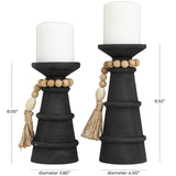 Deco 79 Wood Handmade Decorative Candle Holder Textured Matte Candle Stand with Beaded Garland Accent, Set of 2 Candlestick Holder 10", 8" H, Black Deco 79
