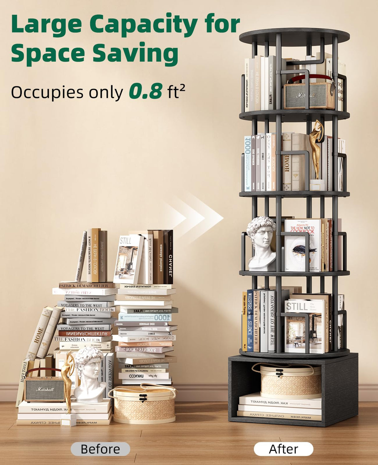 Kalrin 5 Tier Rotating Bookshelf with Extra Storage Cabinet, 360°Spinning Corner Bookshelf, Floor Standing Bookcase for Kids & Adult, Narrow Book Shelf for Bedroom Living Room, Pure Black Kalrin