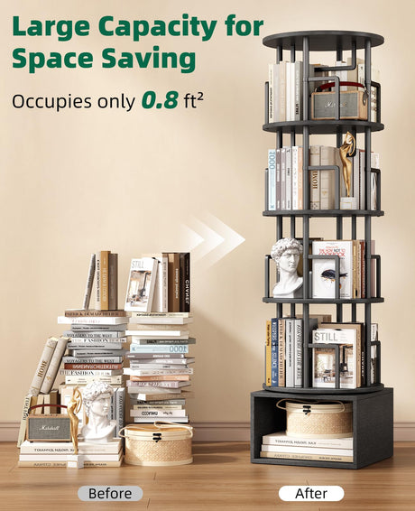 Kalrin 5 Tier Rotating Bookshelf with Extra Storage Cabinet, 360°Spinning Corner Bookshelf, Floor Standing Bookcase for Kids & Adult, Narrow Book Shelf for Bedroom Living Room, Pure Black Kalrin