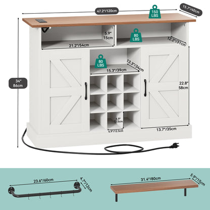 YITAHOME 47" Farmhouse Buffet Cabinet with Floating Shelves, Barn Doors & Power Outlet in White - WoodArtSupply