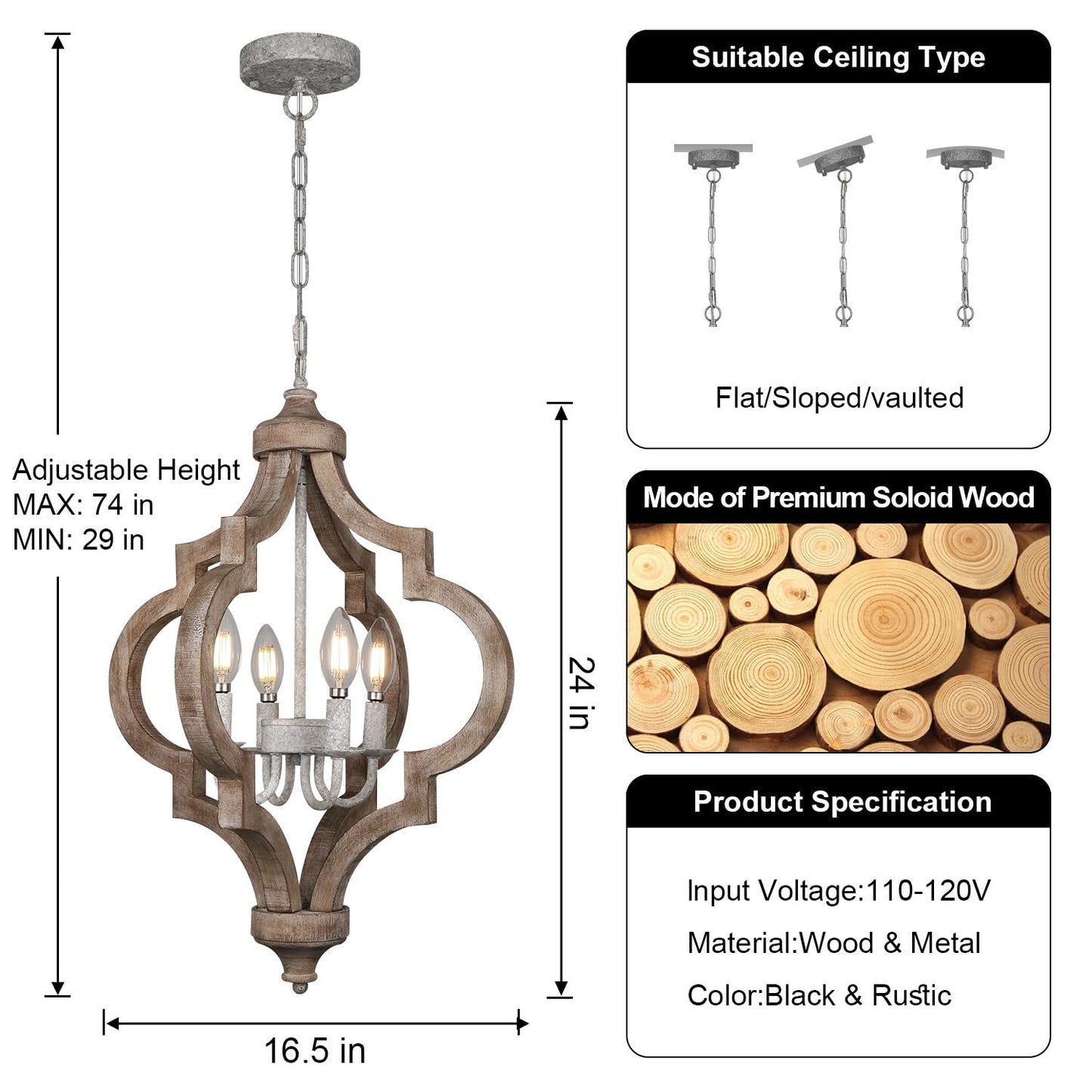 Sigaitwei Rustic Farmhouse Chandelier Hanging Light Fixture，4-Light Black Wood Vintage Chandelier for Dining Room Entryway Kitchen Island Foyer Bedroom Living Room