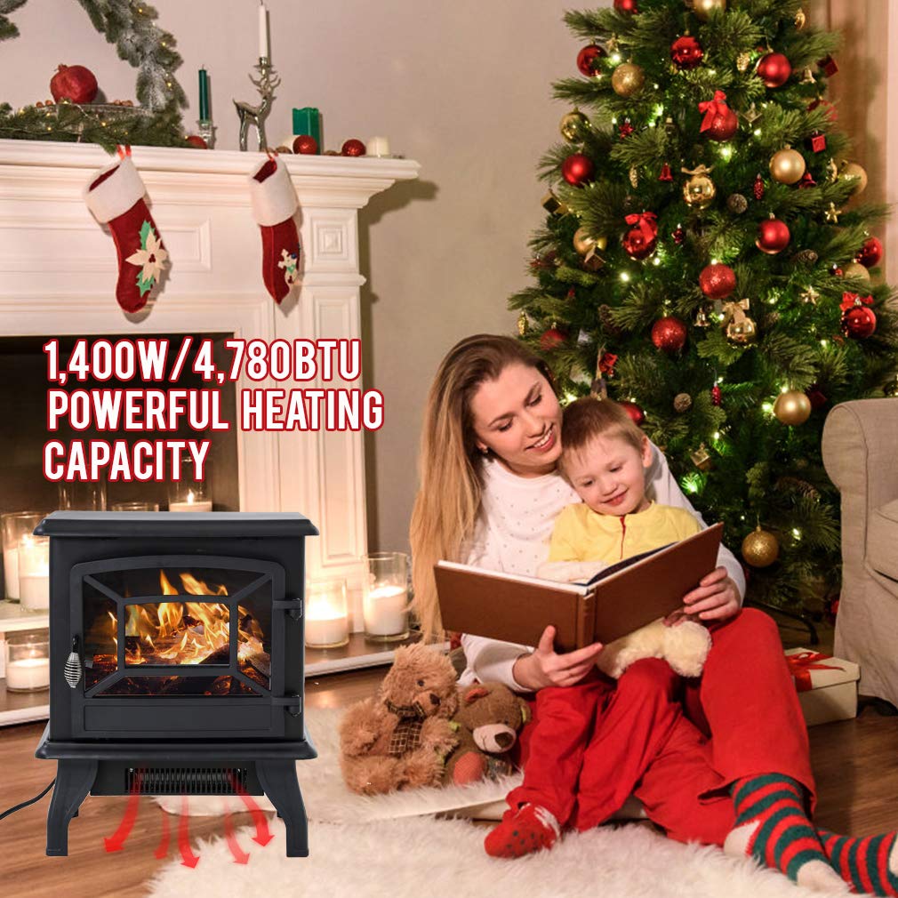 FDW Electric Fireplace Heater 20" Freestanding Fireplace Stove Portable Space Heater with Thermostat for Home Office Realistic Log Flame Effect 1500W CSA Approved Safety 20"Wx17"Hx10"D,Black