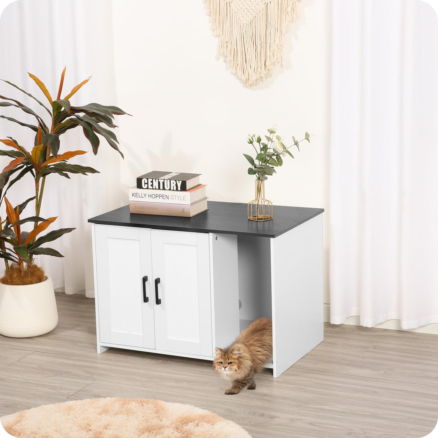 DWANTON Litter Box Enclosure, Cat Litter Box Furniture Hidden, with Scratching Mat, Wooden Cat Washroom Indoor, Fit Most of Litter Box, 31.5" L x 19.7" W x 21.7" H, White+Dark Gray - WoodArtSupply