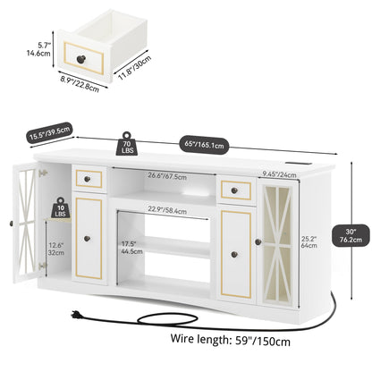 YITAHOME LED Home Modern Farmhouse TV Stand for up to 75 Inches Tvs, Wood Entertainment Center with Socket & Storage Drawers, TV Cabinet for Living Room, White 65“