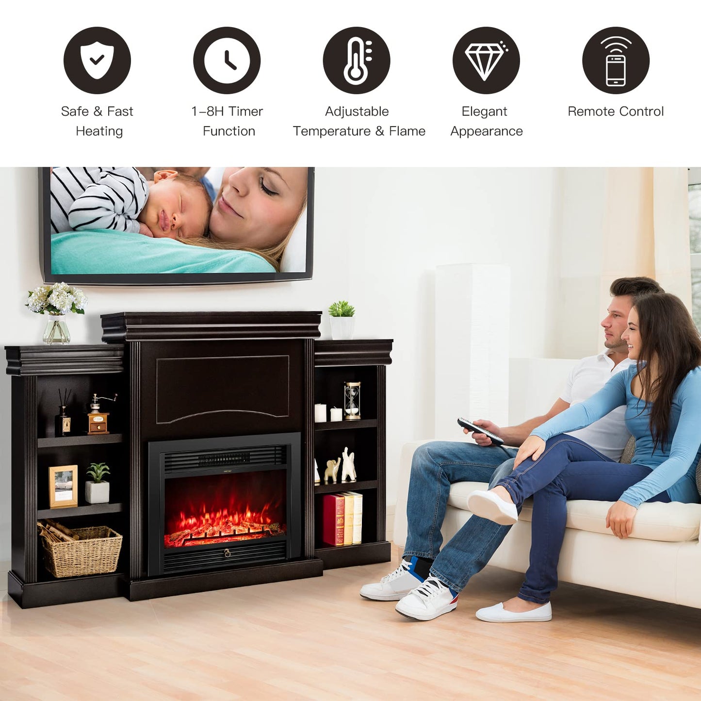 Tangkula 70" Mantel Fireplace, 750W/1500W Electric Fireplace w/Mantel & Built-in Bookshelves, 28.5-Inch Fireplace w/Remote Control, 1-8H Timer, Adjustable Flame Brightness & Color (Espresso)