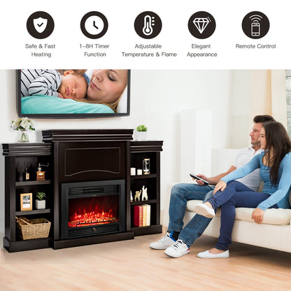 Tangkula 70" Mantel Fireplace, 750W/1500W Electric Fireplace w/Mantel & Built-in Bookshelves, 28.5-Inch Fireplace w/Remote Control, 1-8H Timer, Adjustable Flame Brightness & Color (Espresso)