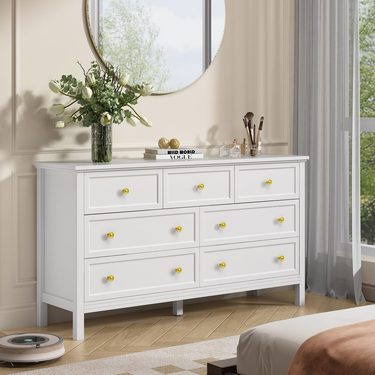 CARPETNAL White Dresser for Bedroom, 7 Drawer Dresser with Wide Drawers and Gold Metal Handles, 55" White and Gold Dresser TV Stand, Modern Dressers & Chests of Drawers for Hallyway, Entryway. CARPETNAL
