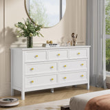 CARPETNAL White Dresser for Bedroom, 7 Drawer Dresser with Wide Drawers and Gold Metal Handles, 55" White and Gold Dresser TV Stand, Modern Dressers & Chests of Drawers for Hallyway, Entryway. CARPETNAL