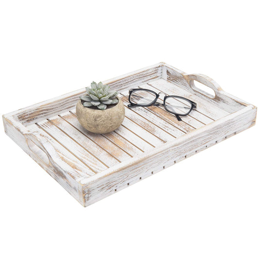 MyGift Shabby Chic Whitewashed Wood Breakfast Serving Tray with Cutout Handles