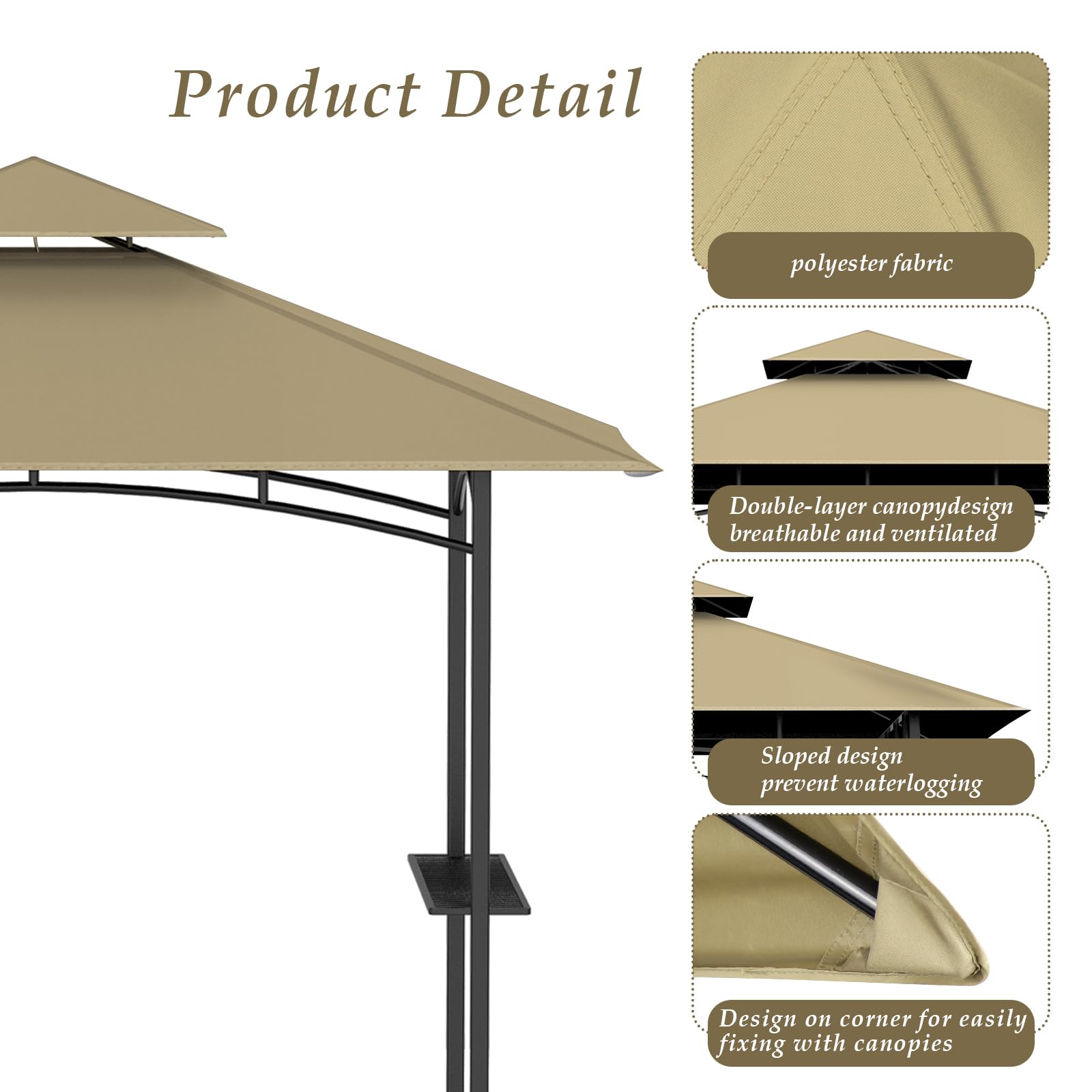 COVBOARD Grill Gazebo Replacement Top, 5 * 8 Outdoor BBQ Gazebo Top Cover, Double Layer BBQ Gazebo Top Canopy for Model #L-GG001PST-F(Khaki) - WoodArtSupply