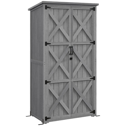 Outsunny Wooden Garden Shed, Outdoor Storage Cabinet with Waterproof Asphalt Roof, Narrow Tool Shed with Shelves and Lockable Doors, Gray - WoodArtSupply