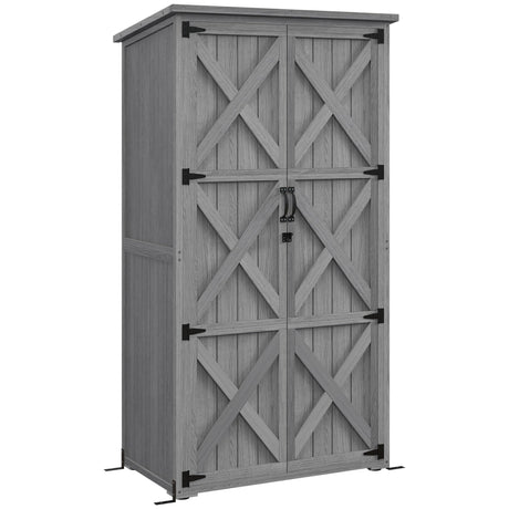 Outsunny Wooden Garden Shed, Outdoor Storage Cabinet with Waterproof Asphalt Roof, Narrow Tool Shed with Shelves and Lockable Doors, Gray Outsunny